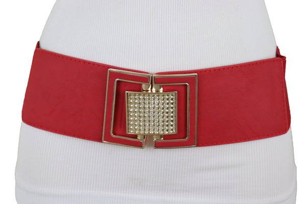 Brand New Women Red Elastic Waistband Fashion Belt Gold Square Buckle Fit Size S M