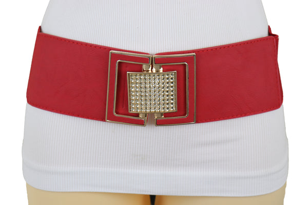 Brand New Women Red Elastic Waistband Fashion Belt Gold Square Buckle Fit Size S M