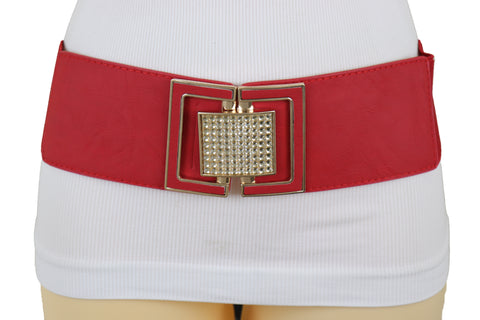 Brand New Women Red Elastic Waistband Fashion Belt Gold Square Buckle Fit Size S M
