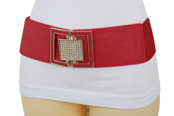 Brand New Women Red Elastic Waistband Fashion Belt Gold Square Buckle Fit Size S M