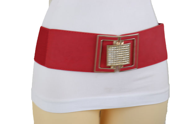 Brand New Women Red Elastic Waistband Fashion Belt Gold Square Buckle Fit Size S M