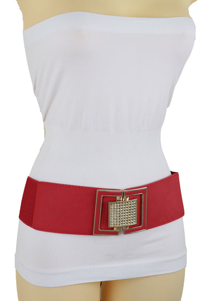 Brand New Women Red Elastic Waistband Fashion Belt Gold Square Buckle Fit Size S M