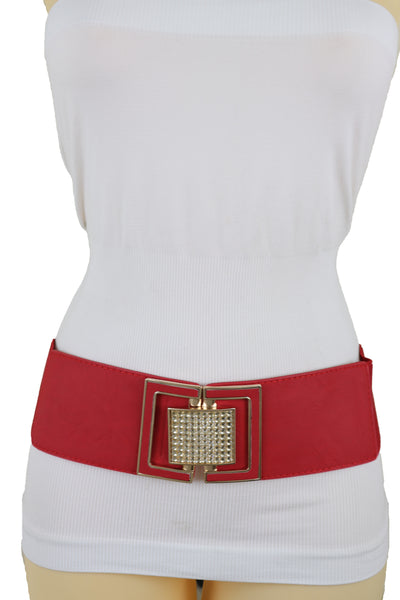 Brand New Women Red Elastic Waistband Fashion Belt Gold Square Buckle Fit Size S M