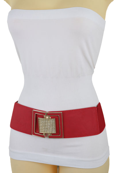 Brand New Women Red Elastic Waistband Fashion Belt Gold Square Buckle Fit Size S M