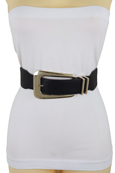Brand New Women Waist Hip Gold Metal Long Buckle Black Elastic Fashion Belt Fit Size XS S