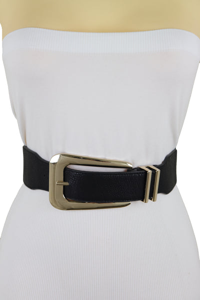 Brand New Women Waist Hip Gold Metal Long Buckle Black Elastic Fashion Belt Fit Size XS S