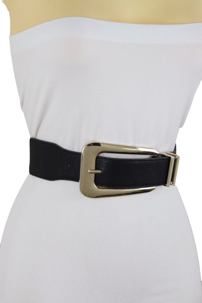 Brand New Women Waist Hip Gold Metal Long Buckle Black Elastic Fashion Belt Fit Size XS S