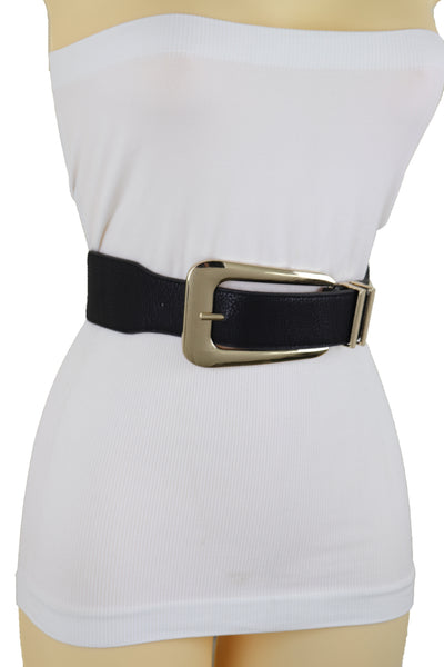 Brand New Women Waist Hip Gold Metal Long Buckle Black Elastic Fashion Belt Fit Size XS S