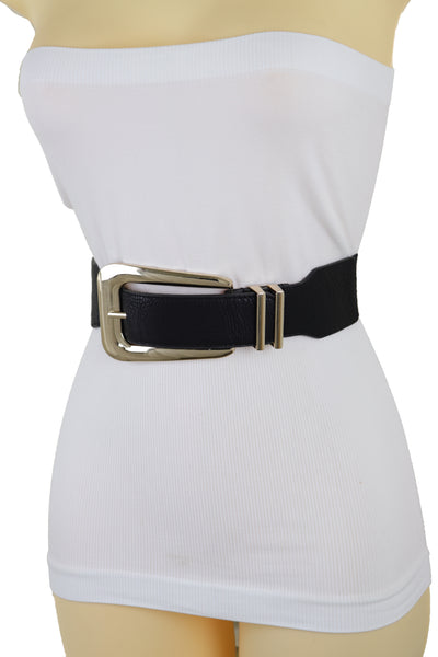 Brand New Women Waist Hip Gold Metal Long Buckle Black Elastic Fashion Belt Fit Size XS S