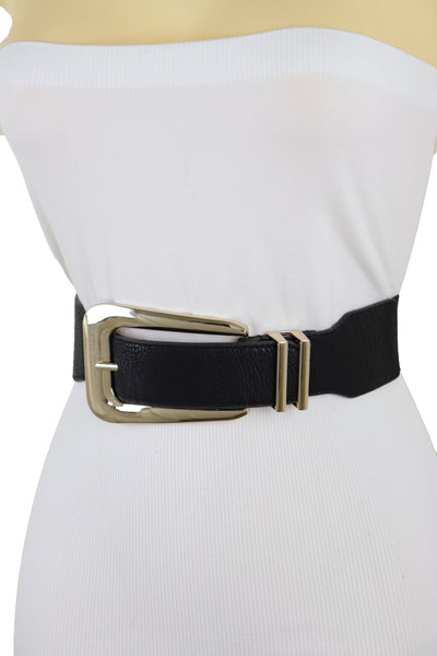 Brand New Women Waist Hip Gold Metal Long Buckle Black Elastic Fashion Belt Fit Size XS S