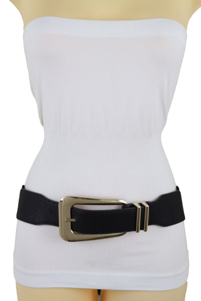 Brand New Women Waist Hip Gold Metal Long Buckle Black Elastic Fashion Belt Fit Size XS S