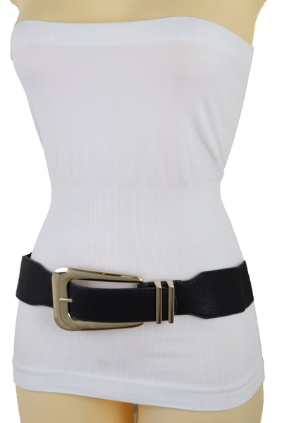 Brand New Women Waist Hip Gold Metal Long Buckle Black Elastic Fashion Belt Fit Size XS S