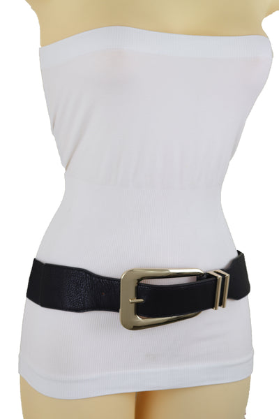 Brand New Women Waist Hip Gold Metal Long Buckle Black Elastic Fashion Belt Fit Size XS S