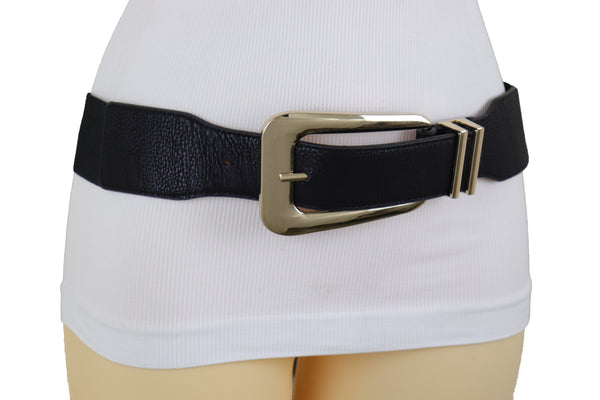 Brand New Women Waist Hip Gold Metal Long Buckle Black Elastic Fashion Belt Fit Size XS S