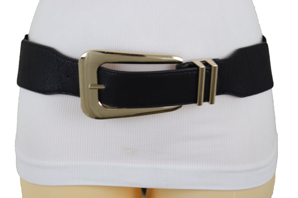 Brand New Women Waist Hip Gold Metal Long Buckle Black Elastic Fashion Belt Fit Size XS S