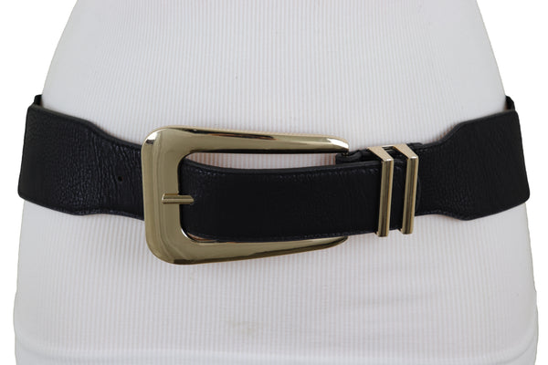 Brand New Women Waist Hip Gold Metal Long Buckle Black Elastic Fashion Belt Fit Size XS S
