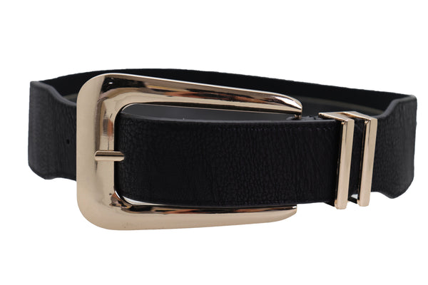 Brand New Women Waist Hip Gold Metal Long Buckle Black Elastic Fashion Belt Fit Size XS S