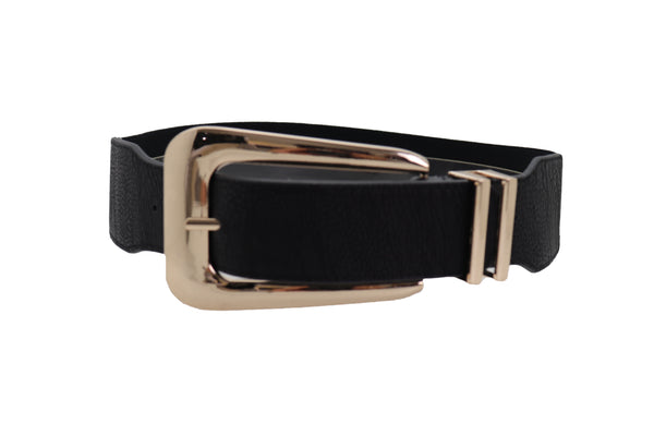 Brand New Women Waist Hip Gold Metal Long Buckle Black Elastic Fashion Belt Fit Size XS S