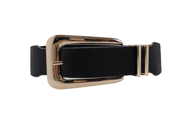 Brand New Women Waist Hip Gold Metal Long Buckle Black Elastic Fashion Belt Fit Size XS S