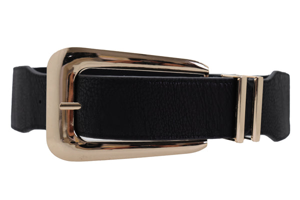 Brand New Women Waist Hip Gold Metal Long Buckle Black Elastic Fashion Belt Fit Size XS S