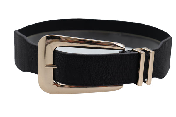 Brand New Women Waist Hip Gold Metal Long Buckle Black Elastic Fashion Belt Fit Size XS S