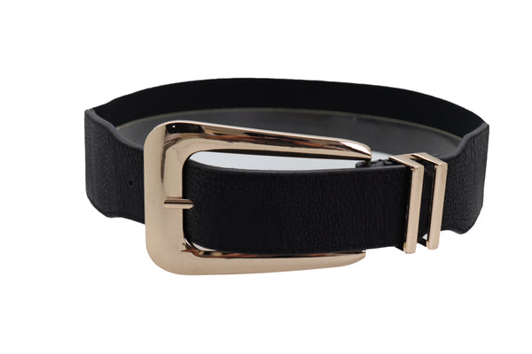 Brand New Women Waist Hip Gold Metal Long Buckle Black Elastic Fashion Belt Fit Size XS S