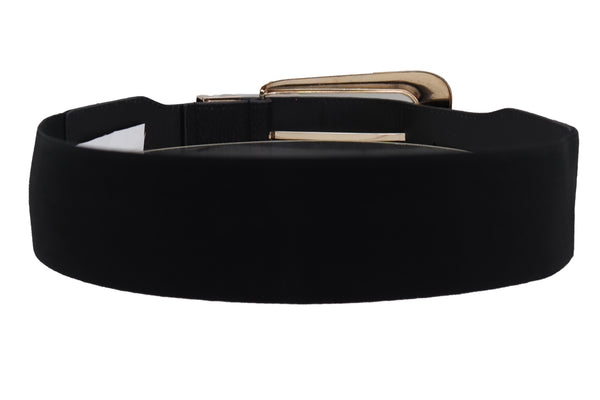 Brand New Women Waist Hip Gold Metal Long Buckle Black Elastic Fashion Belt Fit Size XS S