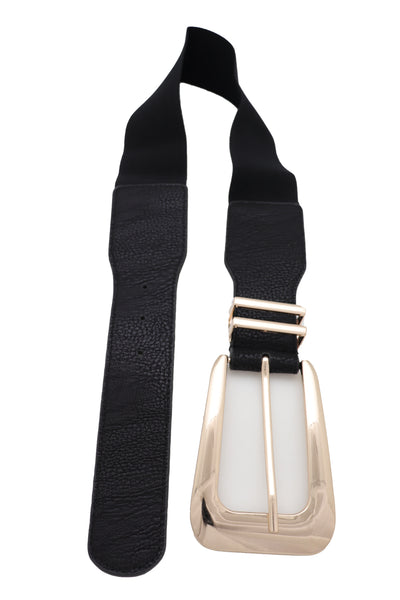 Brand New Women Waist Hip Gold Metal Long Buckle Black Elastic Fashion Belt Fit Size XS S