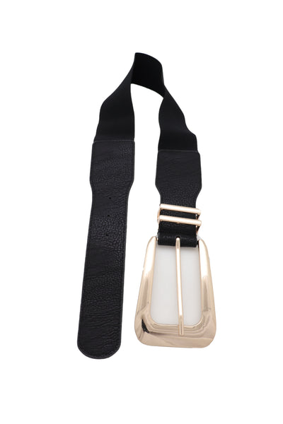 Brand New Women Waist Hip Gold Metal Long Buckle Black Elastic Fashion Belt Fit Size XS S