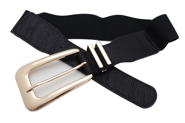 Brand New Women Waist Hip Gold Metal Long Buckle Black Elastic Fashion Belt Fit Size XS S