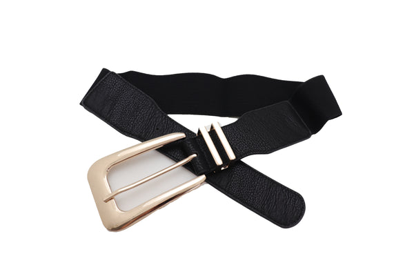 Brand New Women Waist Hip Gold Metal Long Buckle Black Elastic Fashion Belt Fit Size XS S