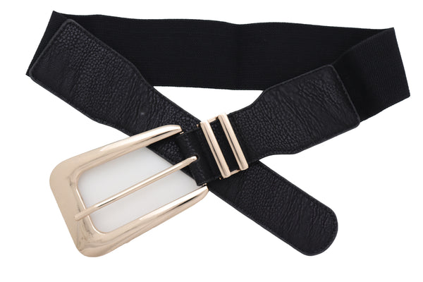 Brand New Women Waist Hip Gold Metal Long Buckle Black Elastic Fashion Belt Fit Size XS S
