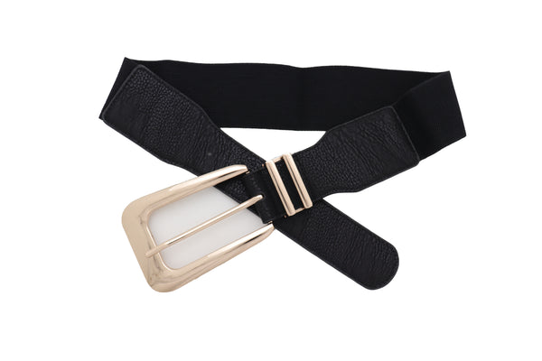 Brand New Women Waist Hip Gold Metal Long Buckle Black Elastic Fashion Belt Fit Size XS S