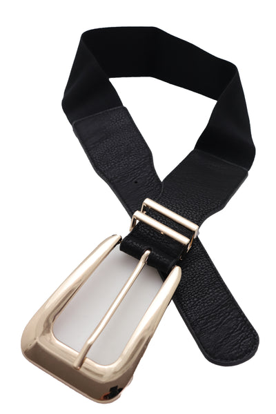 Brand New Women Waist Hip Gold Metal Long Buckle Black Elastic Fashion Belt Fit Size XS S