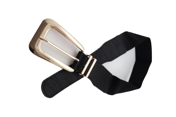 Brand New Women Waist Hip Gold Metal Long Buckle Black Elastic Fashion Belt Fit Size XS S