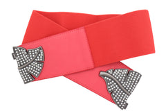 Coral Pink Elastic Waistband Fashion Belt Hip Waist Bling Leaf Buckle S M