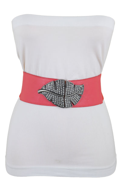 Brand New Women Coral Pink Elastic Waistband Fashion Belt Hip Waist Bling Leaf Buckle S M