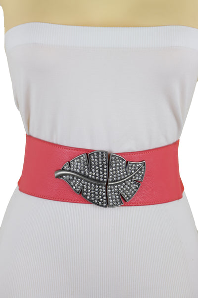 Brand New Women Coral Pink Elastic Waistband Fashion Belt Hip Waist Bling Leaf Buckle S M