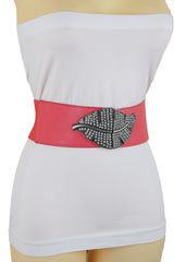 Coral Pink Elastic Waistband Fashion Belt Hip Waist Bling Leaf Buckle S M