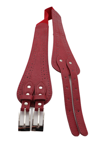 Brand New Women Red Elastic Fashion Belt Silver Metal Double Buckle S M