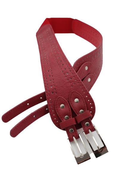 Brand New Women Red Elastic Fashion Belt Silver Metal Double Buckle S M