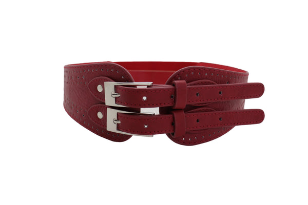 Brand New Women Red Elastic Fashion Belt Silver Metal Double Buckle S M