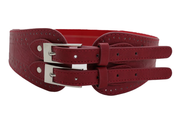 Brand New Women Red Elastic Fashion Belt Silver Metal Double Buckle S M