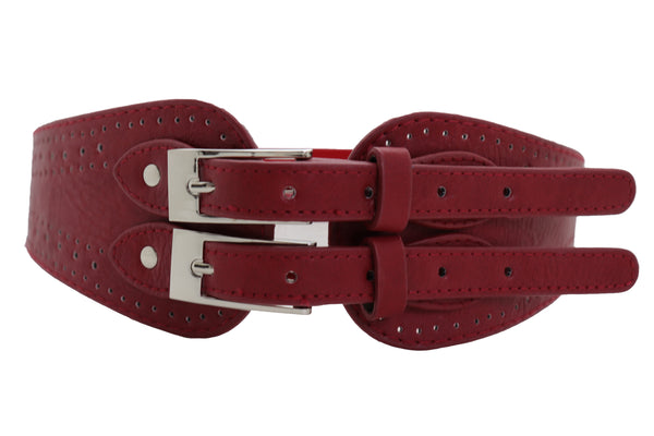 Brand New Women Red Elastic Fashion Belt Silver Metal Double Buckle S M