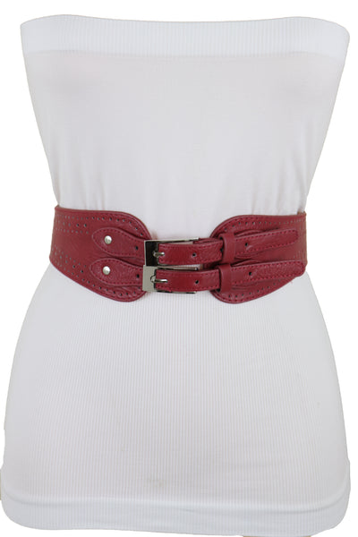 Brand New Women Red Elastic Fashion Belt Silver Metal Double Buckle S M