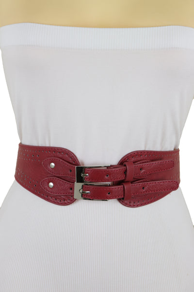Brand New Women Red Elastic Fashion Belt Silver Metal Double Buckle S M