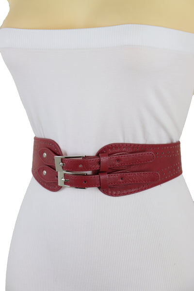 Brand New Women Red Elastic Fashion Belt Silver Metal Double Buckle S M