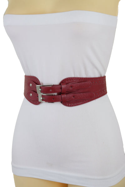 Brand New Women Red Elastic Fashion Belt Silver Metal Double Buckle S M