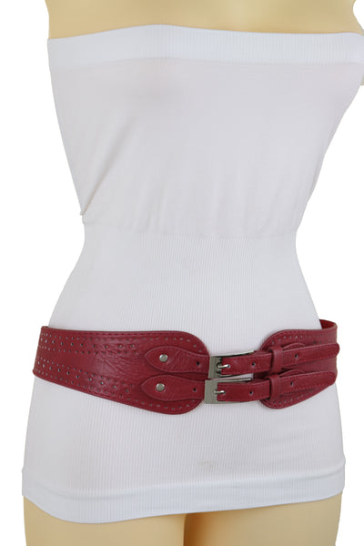 Brand New Women Red Elastic Fashion Belt Silver Metal Double Buckle S M
