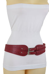 Red Elastic Fashion Belt Silver Metal Double Buckle S M